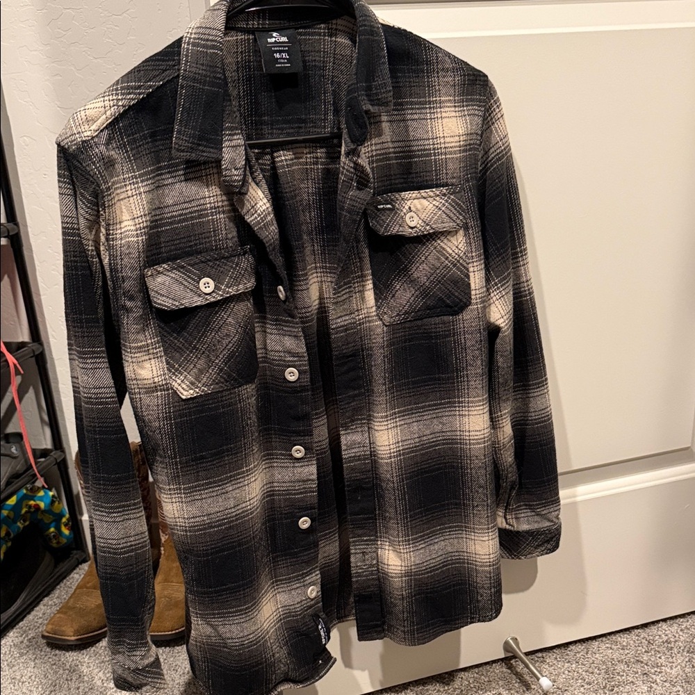 Rip Curl Black and Cream Plaid Button-Down Shirt